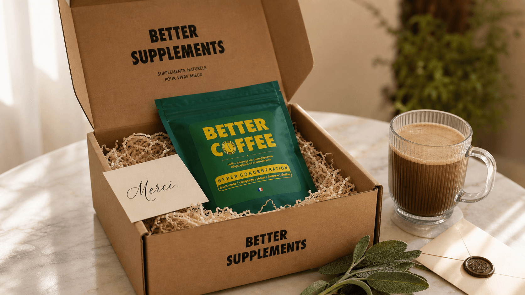 Carton Better Supplements avec Better Coffee, carte Merci, mug et sauge
