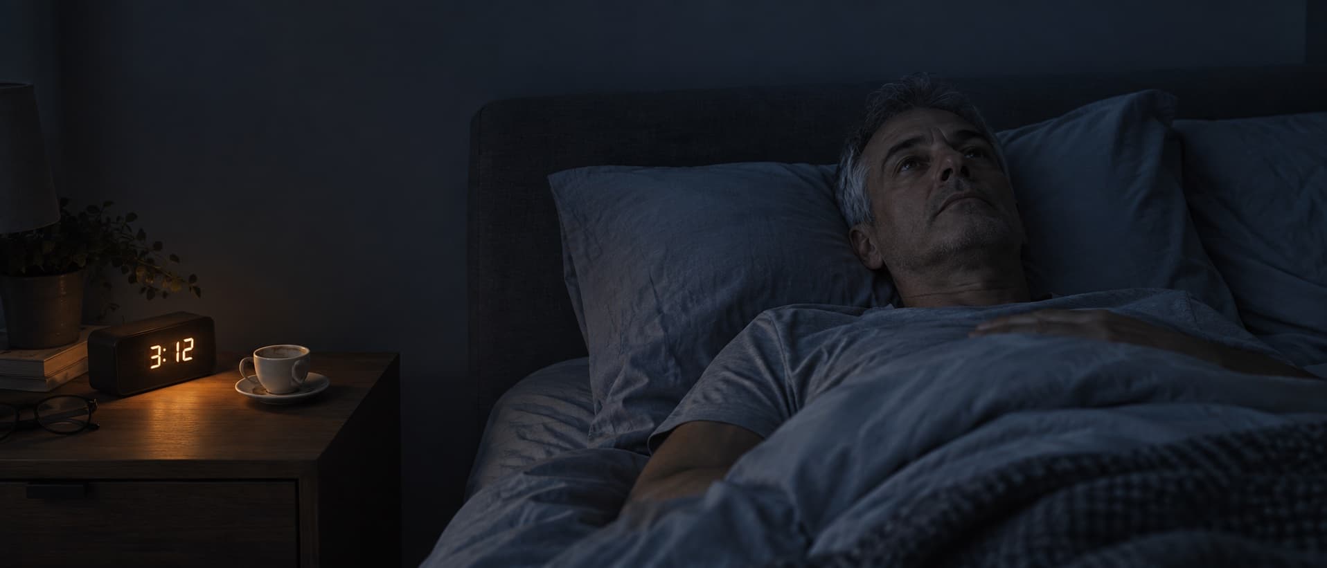 Un homme éveillé dans son lit à 3h12, avec une tasse de café posée sur sa table de nuit.