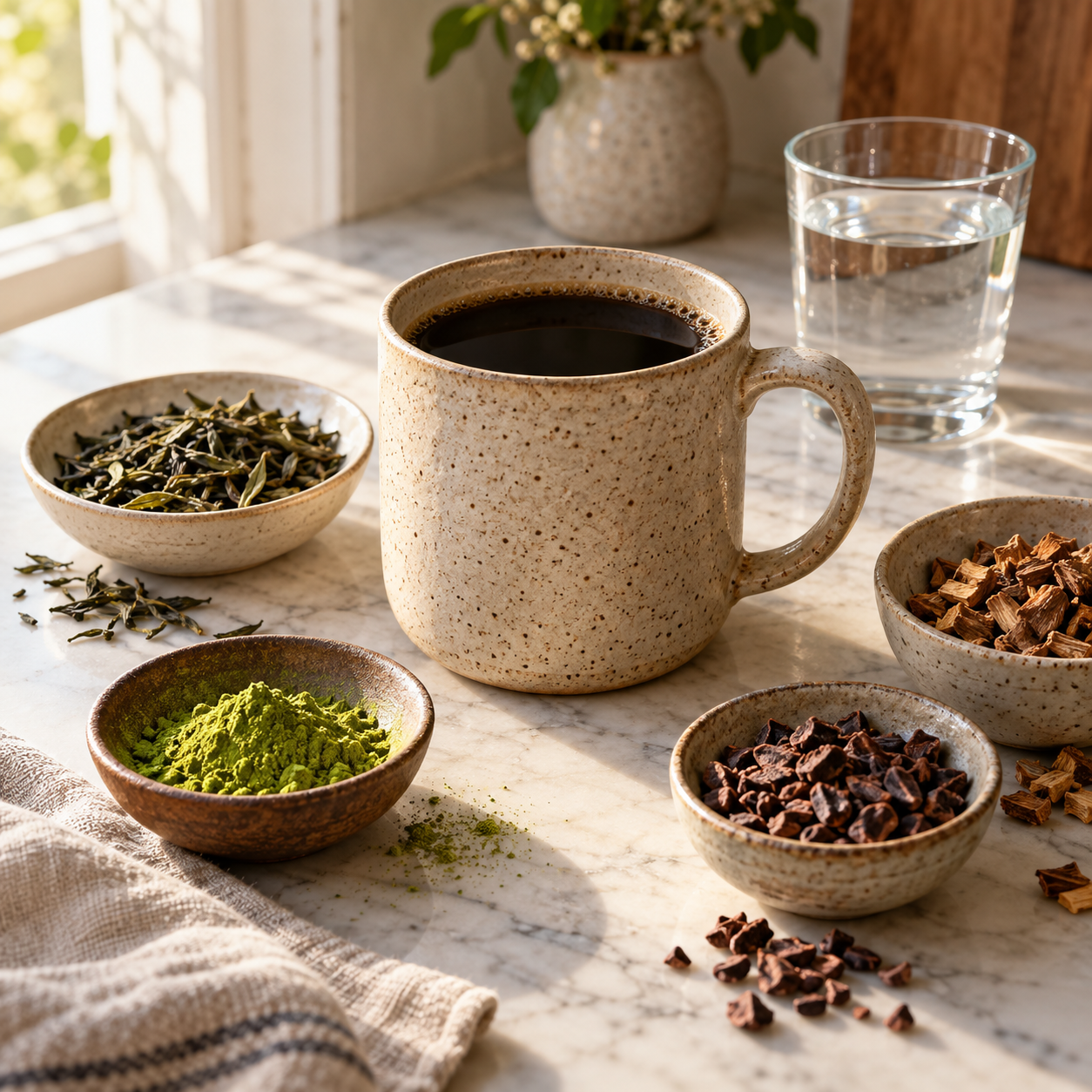 Tasse de Better Coffee entourée de thé vert, chicorée et cacao, les alternatives au café comparées