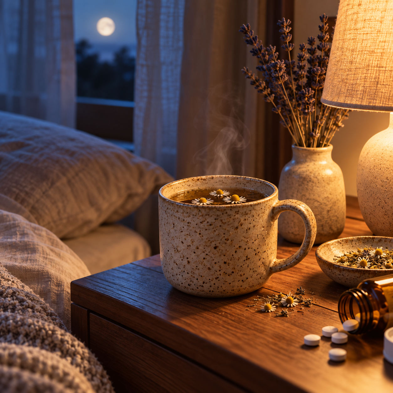Tasse de Better Sleep sur une table de chevet le soir, alternative sans mélatonine pour le sommeil