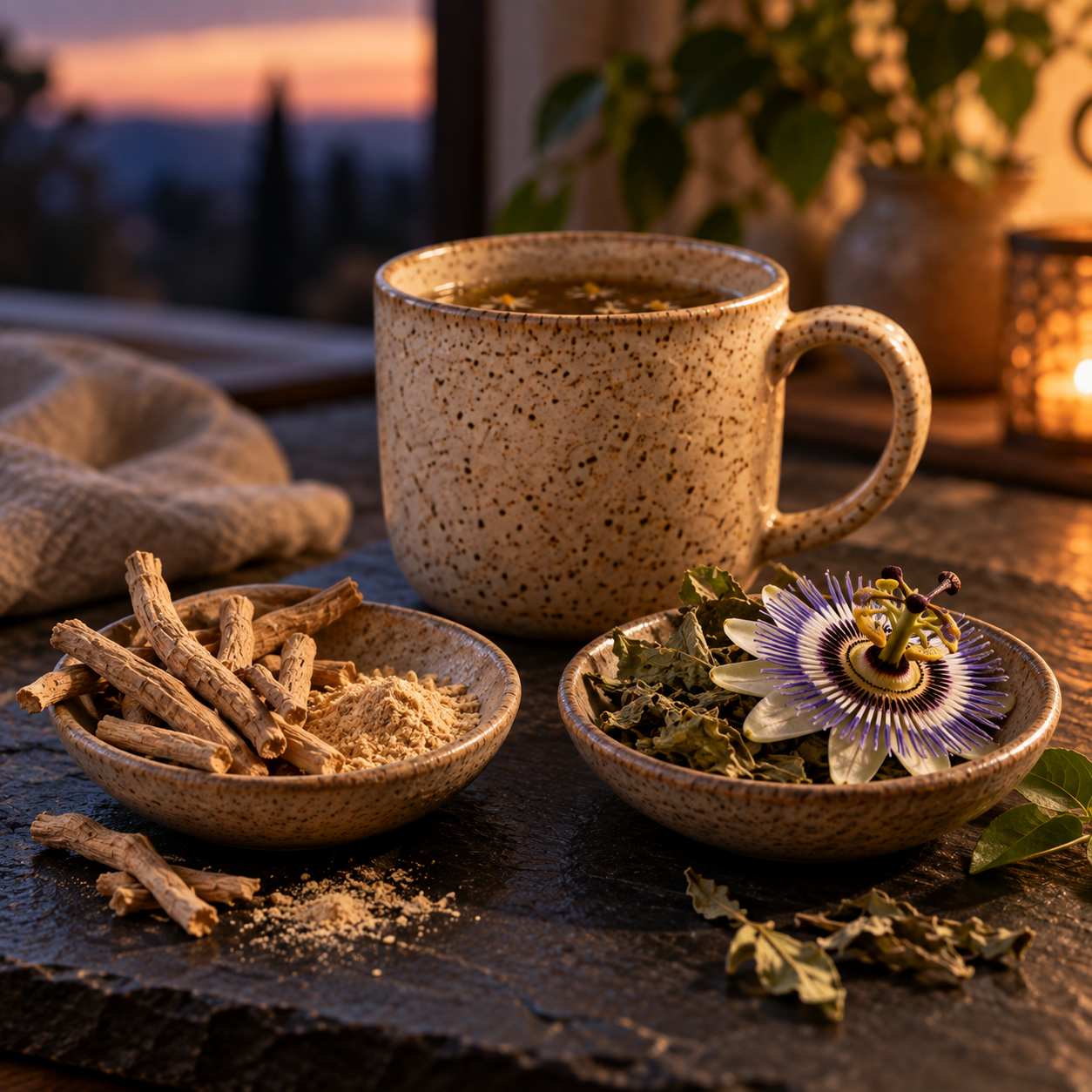 Racine d'ashwagandha et fleur de passiflore côte à côte, comparatif des deux plantes anti-stress