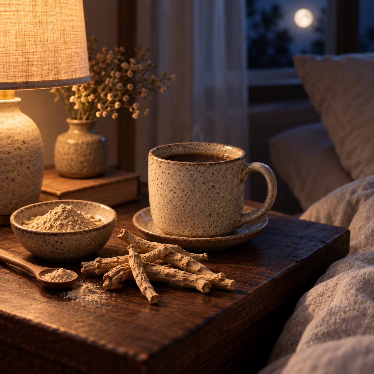 Racine et poudre d'ashwagandha (Withania somnifera) posées près d'une boisson du soir Better Sleep