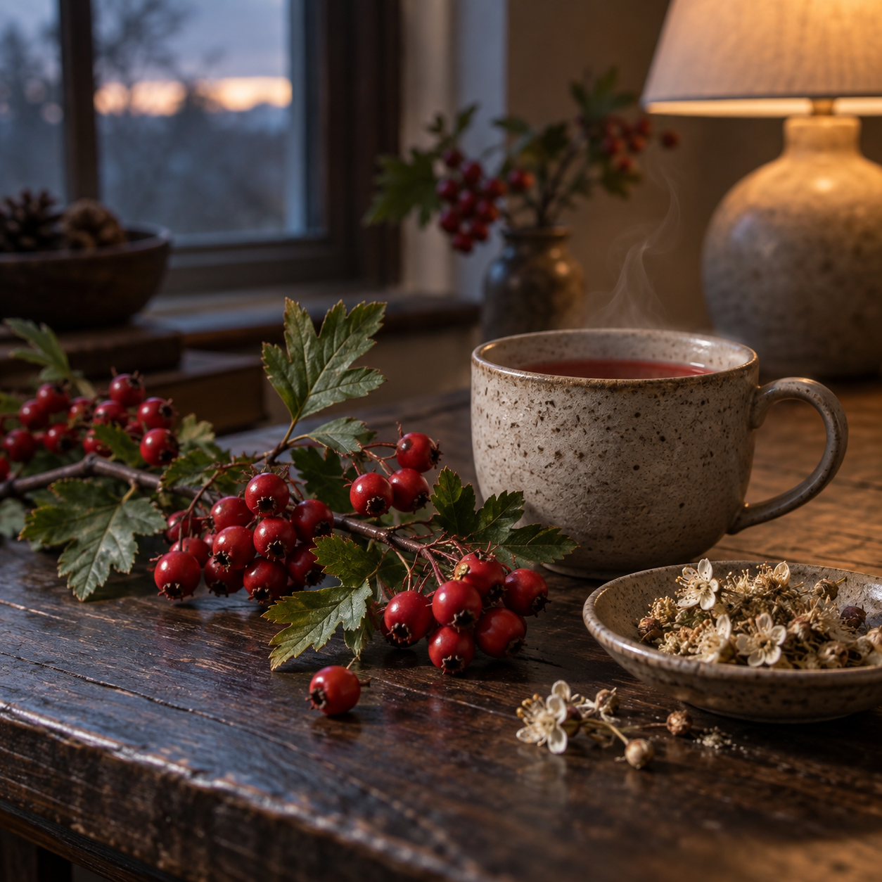 Fleurs blanches et baies rouges d'aubépine à côté d'une tasse d'infusion du soir