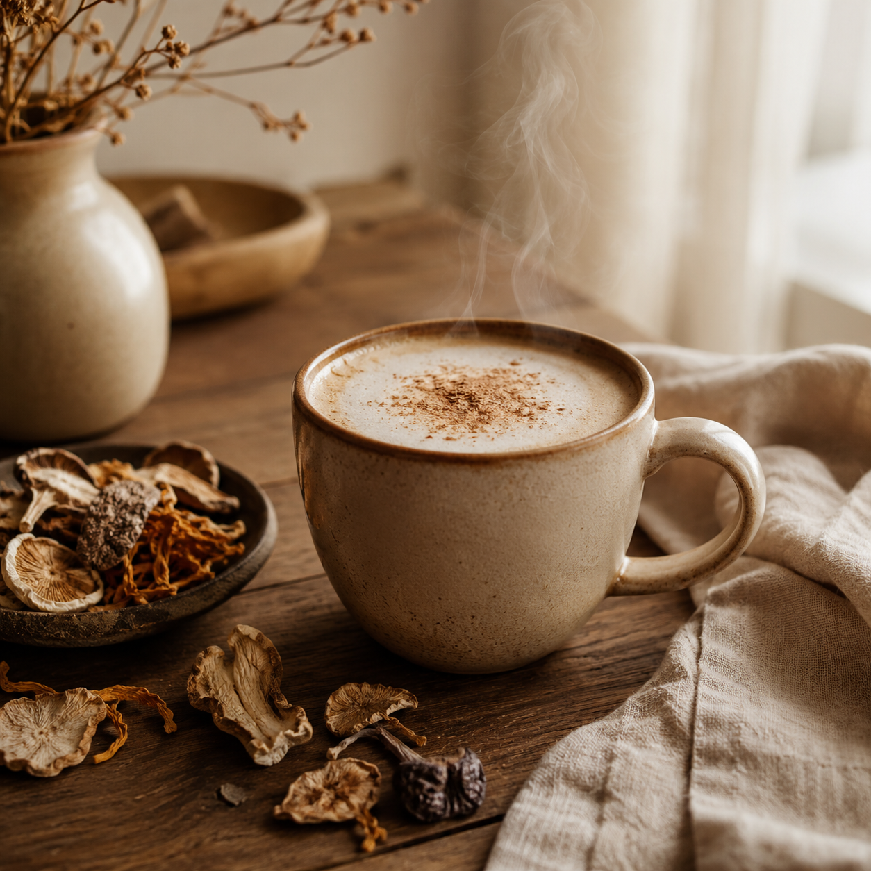 Tasse de boisson champignon adaptogène Better Coffee posée sur un bureau
