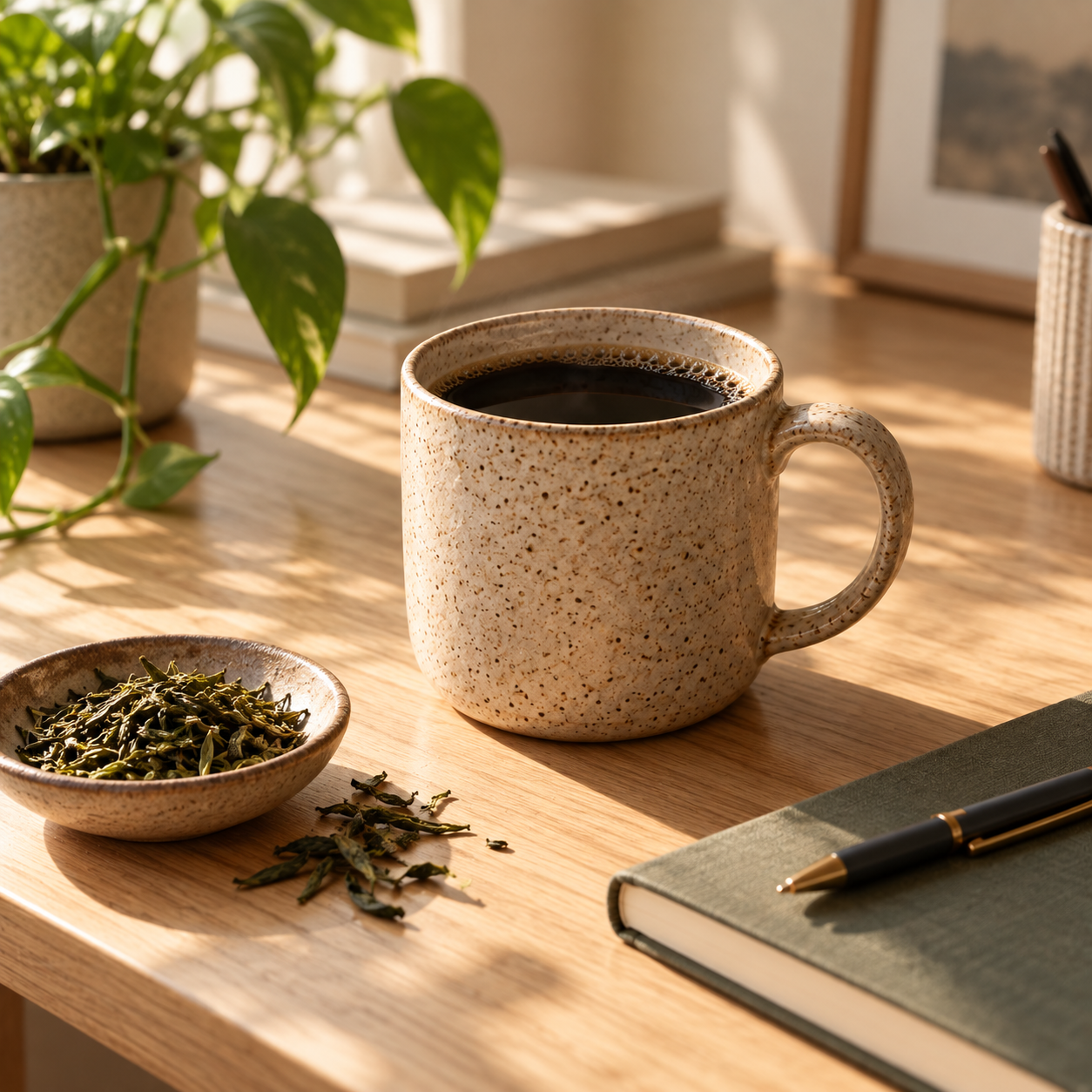 Tasse de Better Coffee posée à côté d'un carnet, illustration d'un café sans nervosité
