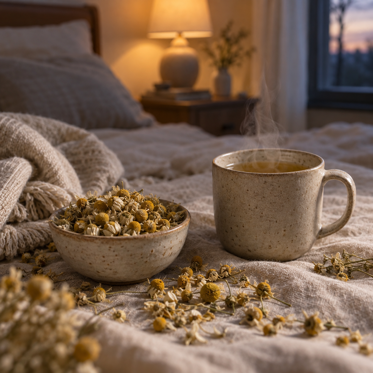 Fleurs de camomille séchées dans un bol à côté d'une tasse d'infusion, ambiance du soir