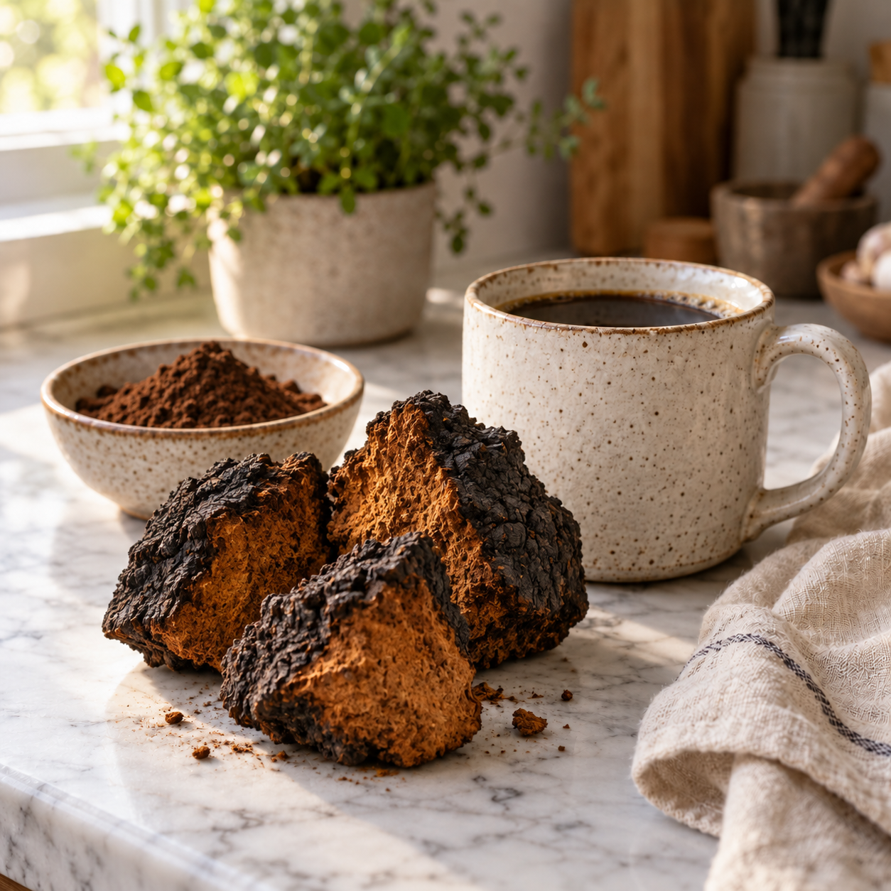 Morceaux de champignon chaga (Inonotus obliquus) noir et craquelé posés près d'une tasse de café Better Coffee