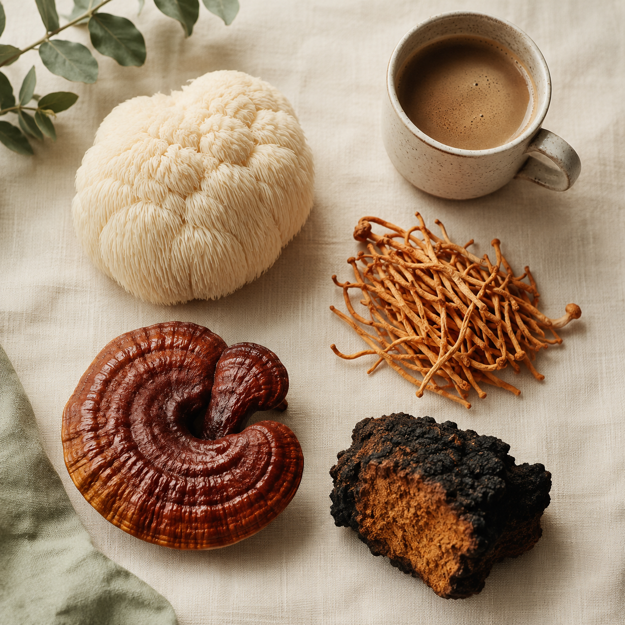 Champignons adaptogènes (Lion's Mane, Cordyceps, Chaga, Reishi) présentés autour d'une tasse de café Better Coffee
