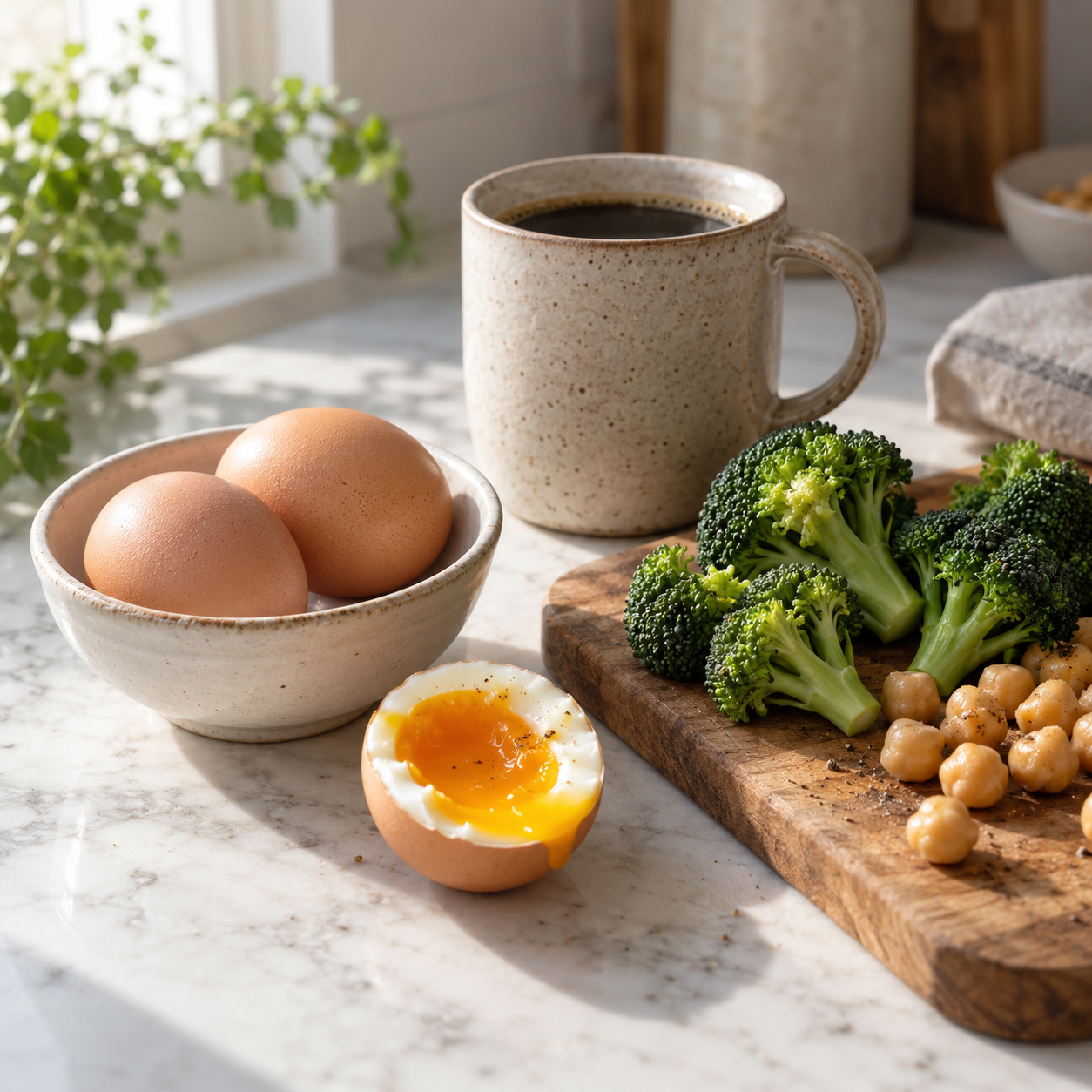 Œufs, tasse de Better Coffee et légumes verts sur un plan de travail, les sources de choline du matin
