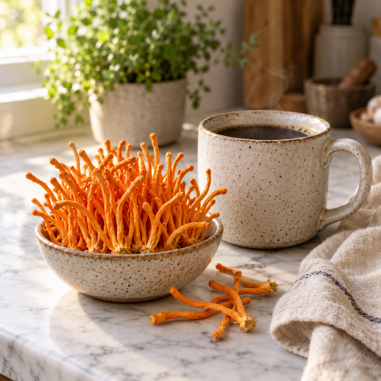 Champignon Cordyceps aux tiges orangées présenté à côté d'une tasse de café Better Coffee