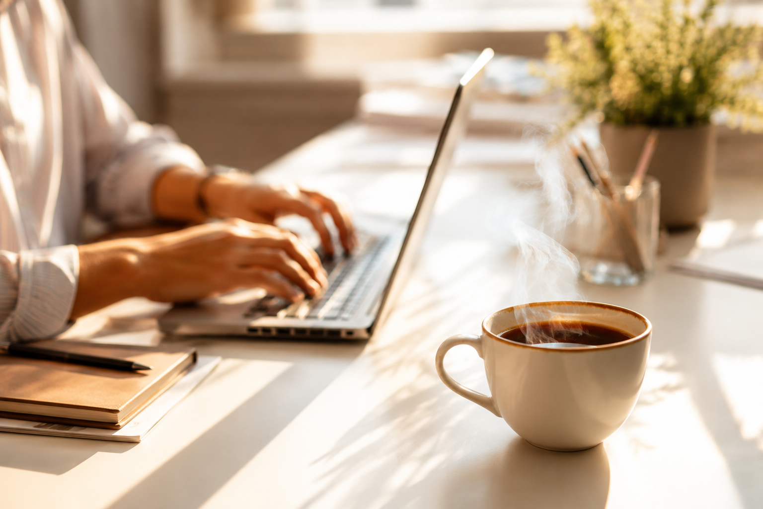 Tasse de café fumante sur un bureau le matin, énergie du début de journée