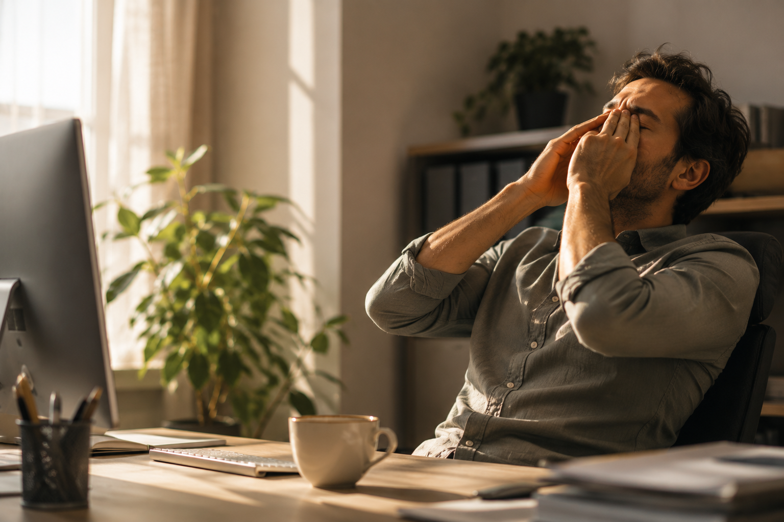 Coup de barre de 11h au bureau, fatigue devant l'écran et tasse vide