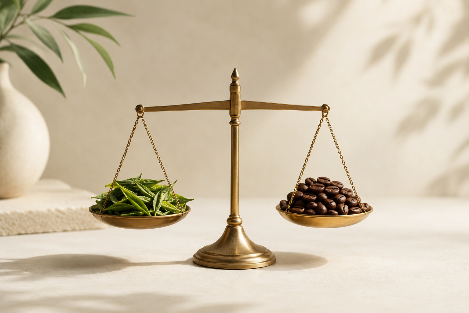 Feuilles de thé vert et grains de café en équilibre, ratio L-Théanine caféine
