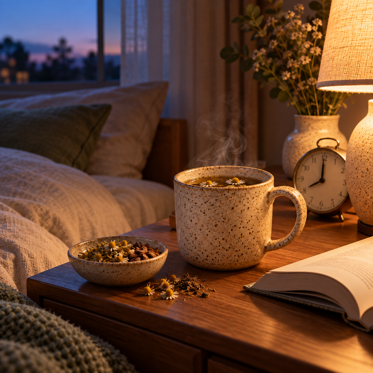 Chambre calme en soirée avec une tasse de Better Sleep, rituel du soir contre l'insomnie légère