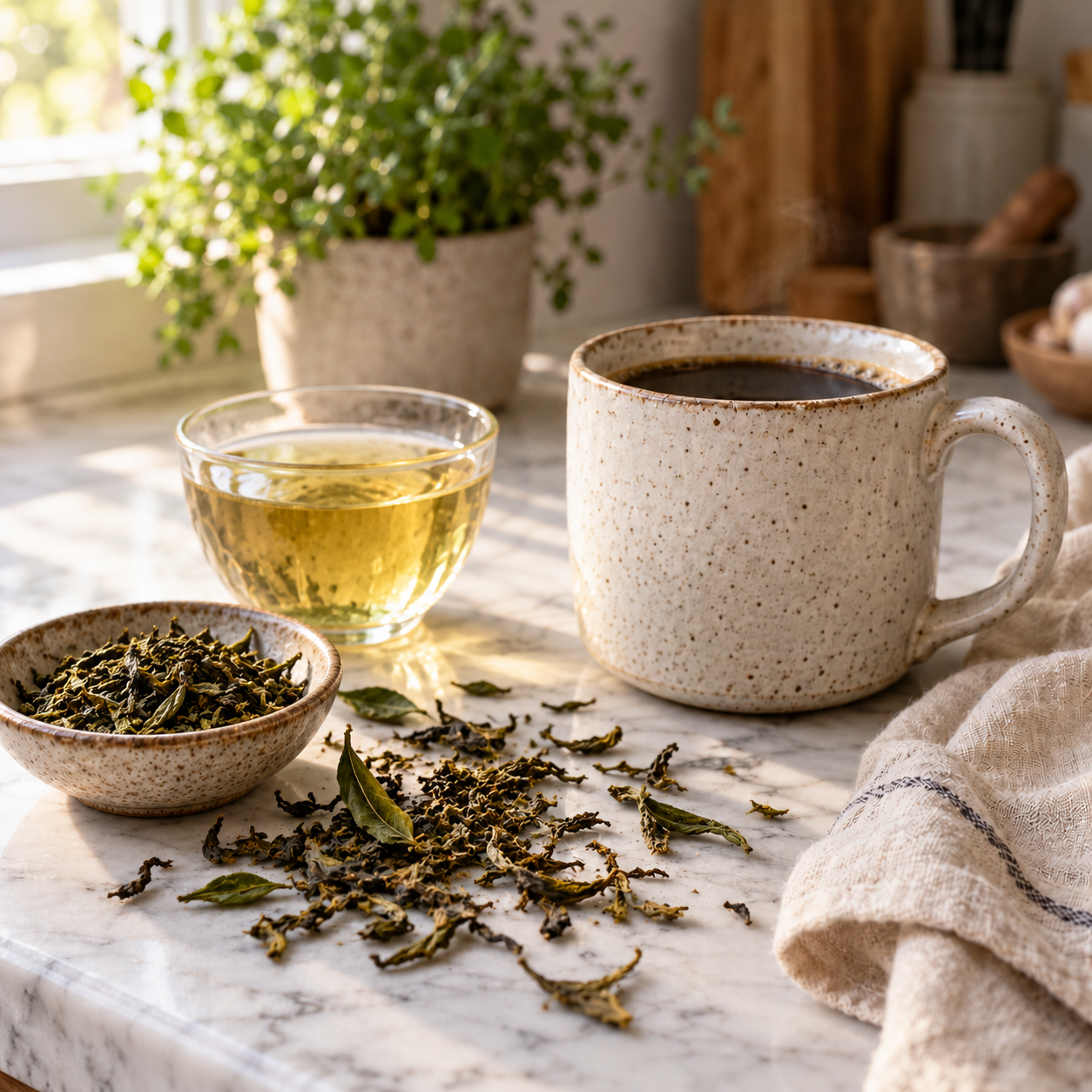 Tasse de Better Coffee et feuilles de thé vert, source naturelle de L-Théanine, sur un plan de travail clair