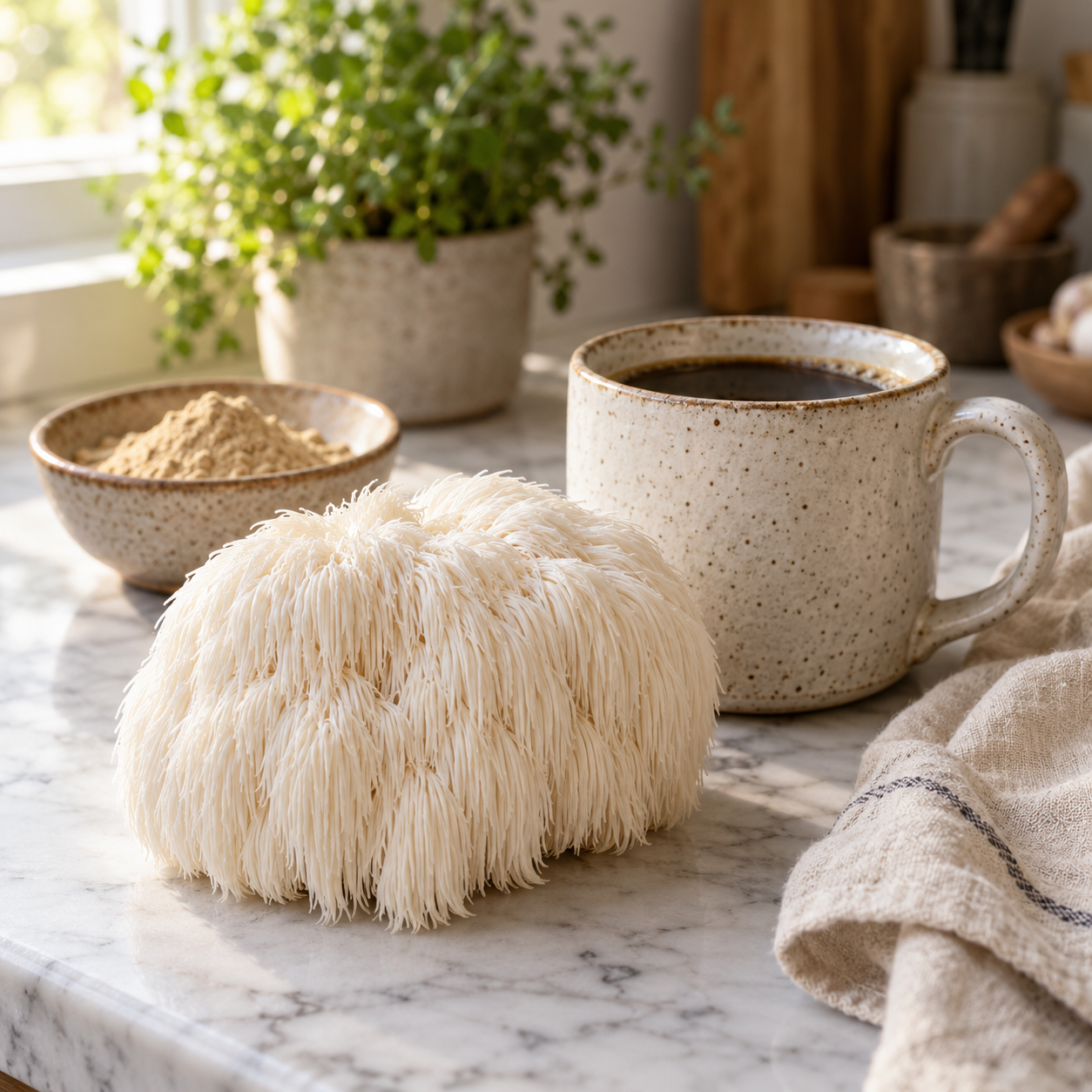 Champignon Lion's Mane (crinière de lion) aux longs filaments blancs, posé à côté d'une tasse de café Better Coffee