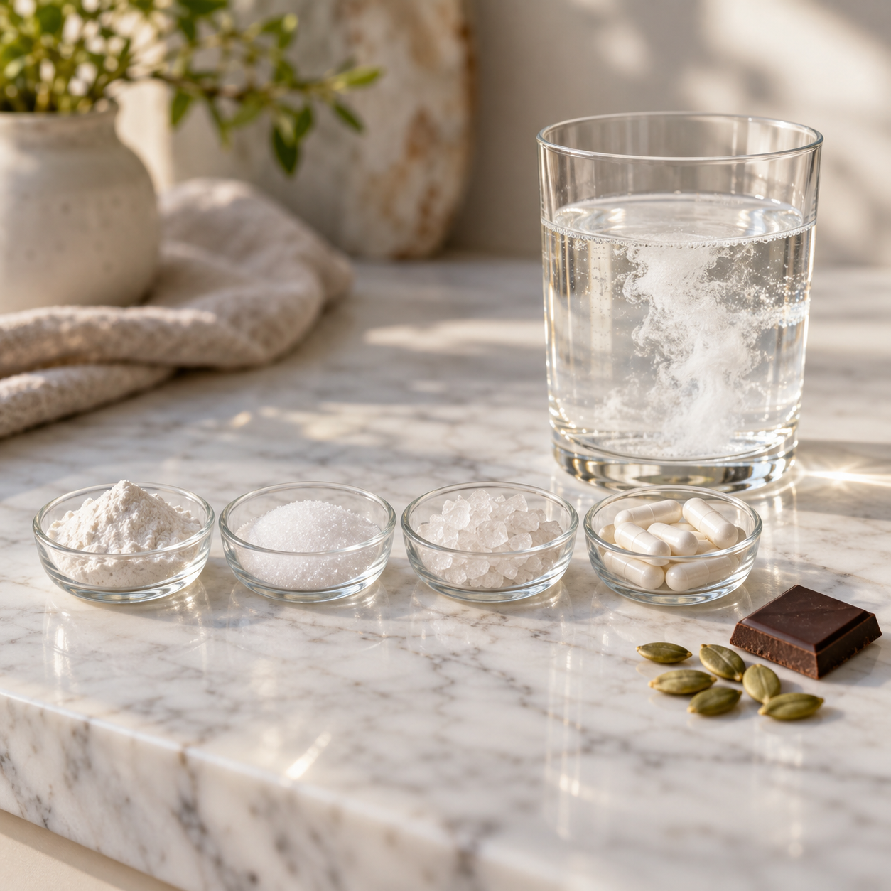 Différentes poudres et gélules de magnésium comparées sur un plan de travail à côté d'un verre d'eau