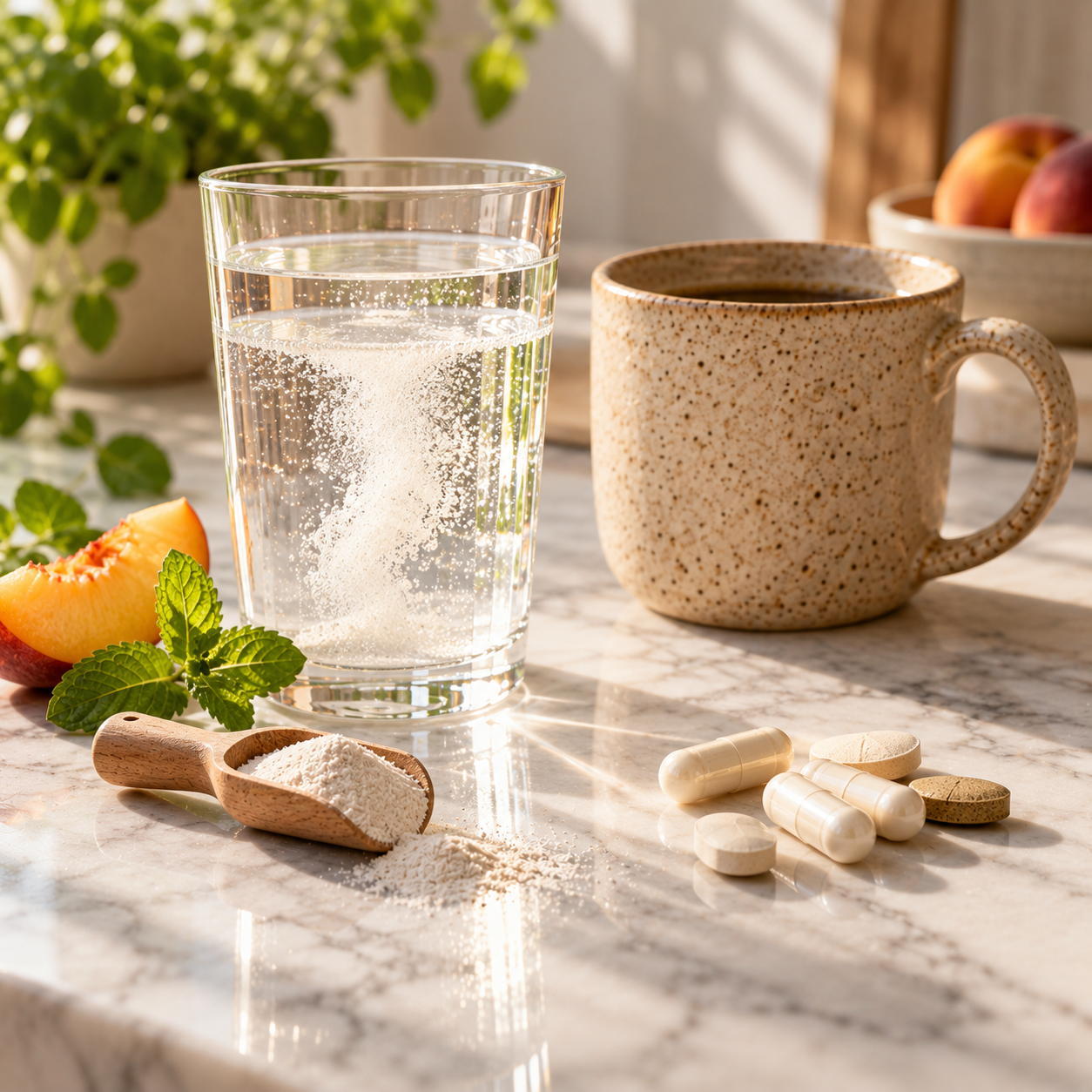 Sachet de Better Hydrate et verre d'eau à côté de gélules de magnésium, comparatif poudre contre capsules