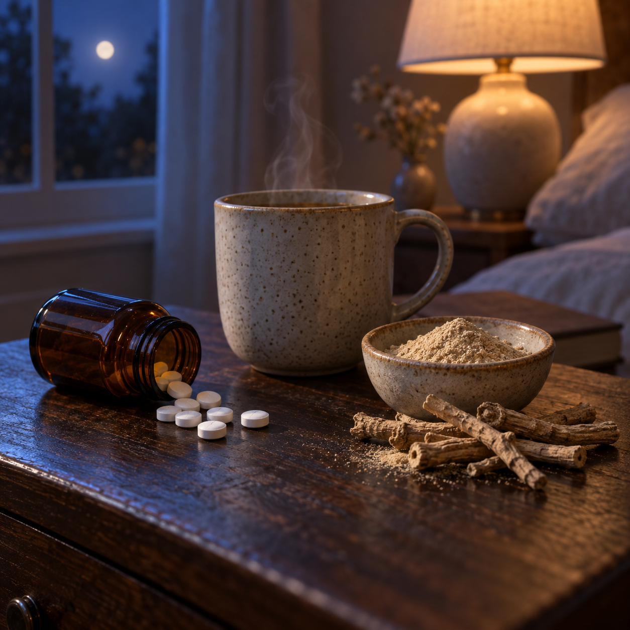 Racine d'ashwagandha et gélule de mélatonine côte à côte sur une table de chevet, comparatif pour le sommeil