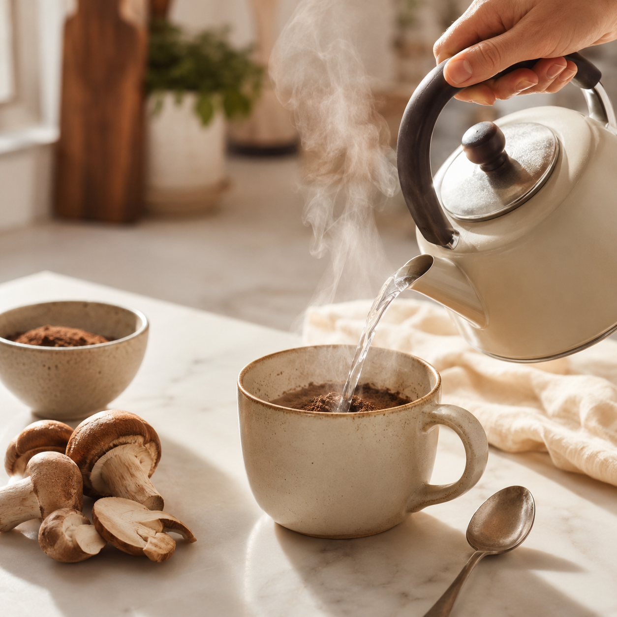 Tasse de mushroom coffee, café aux champignons adaptogènes prêt à boire le matin