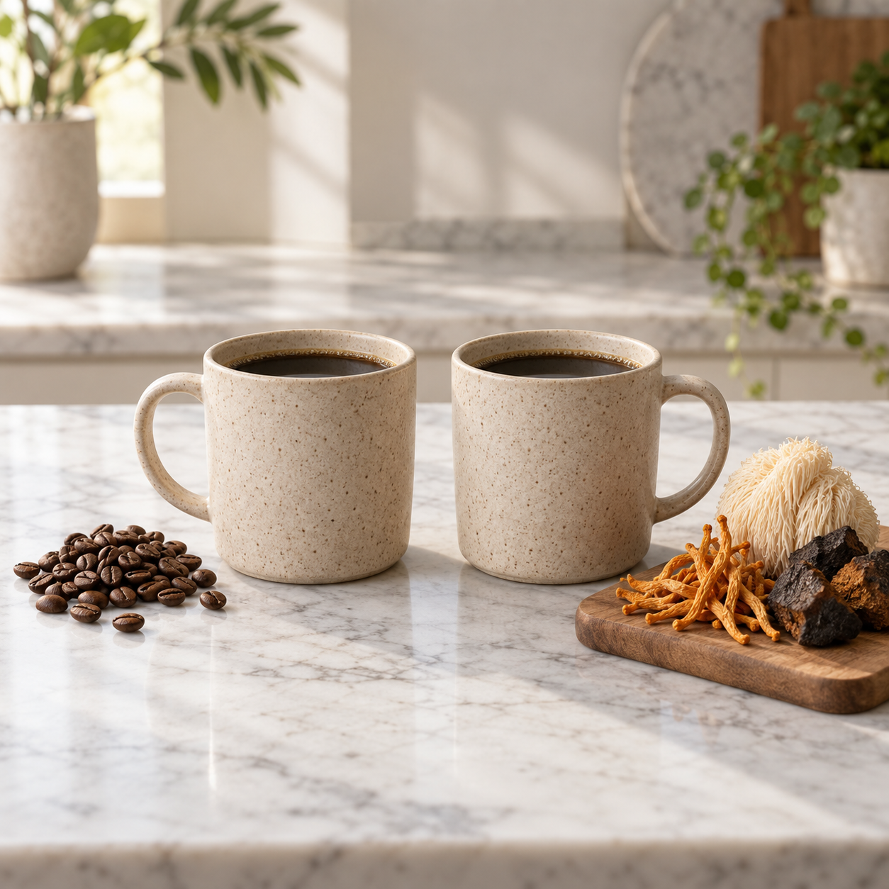 Deux tasses de café côte à côte, un café classique et un café aux champignons Better Coffee, sur un plan de travail en marbre