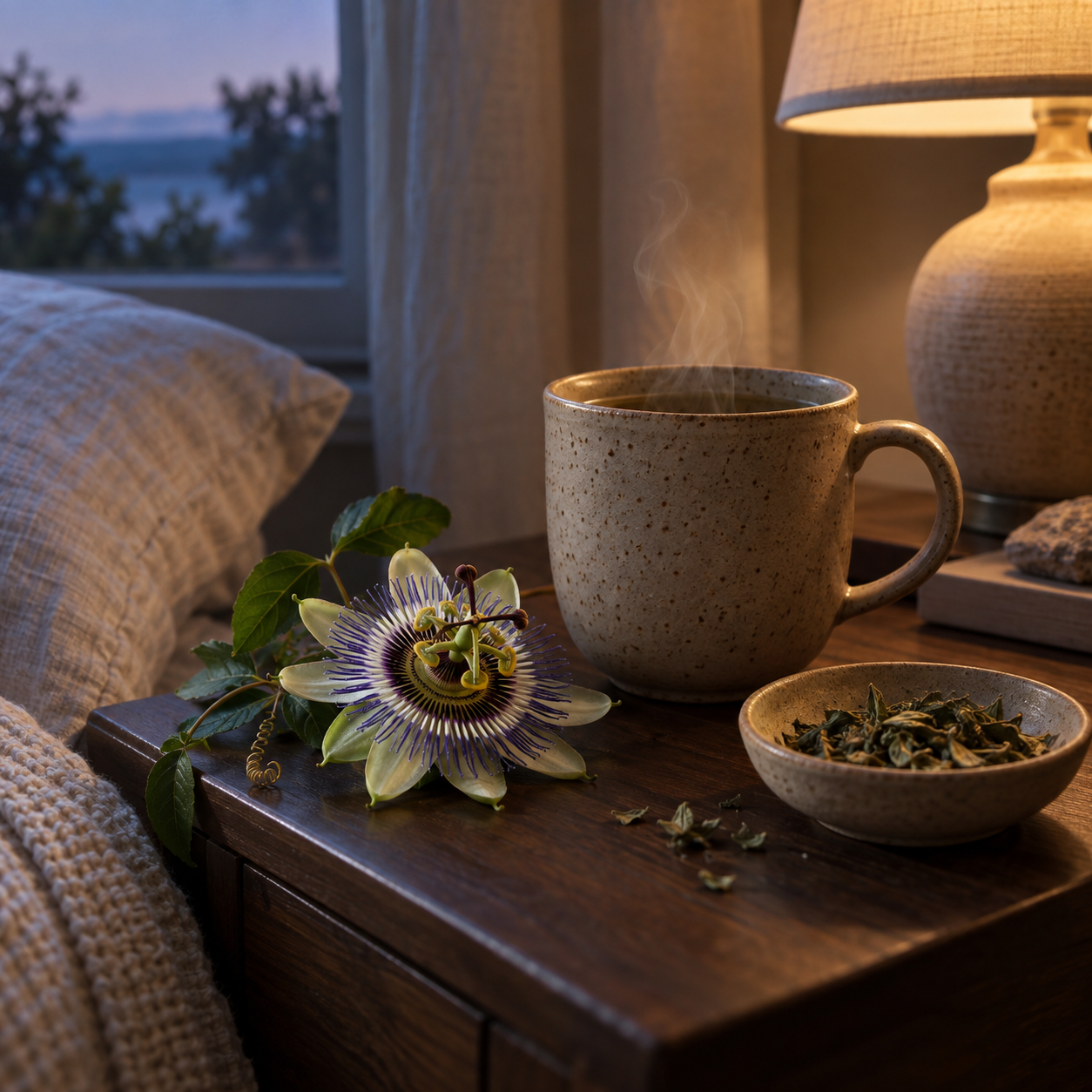 Fleur de passiflore violette et blanche à côté d'une tasse d'infusion du soir