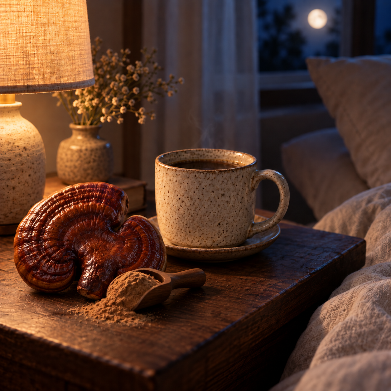 Champignon reishi (Ganoderma lucidum) au chapeau rouge laqué posé près d'une dose de Better Sleep sur une table de chevet