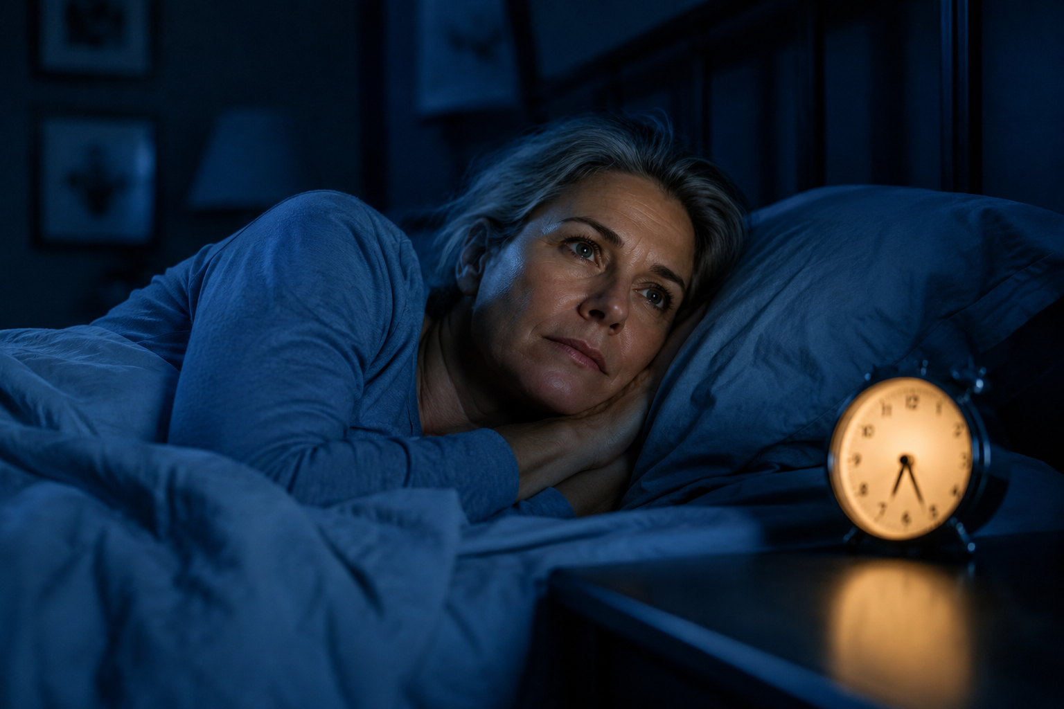 Femme réveillée à 3h du matin, allongée dans son lit, pensées en boucle