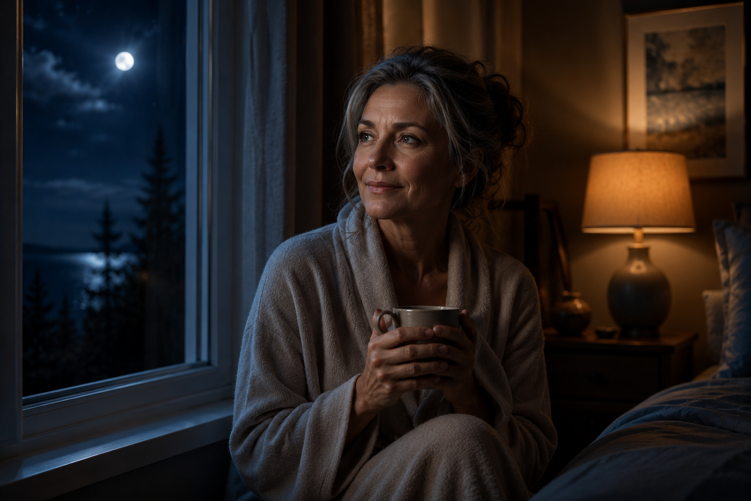 Femme de 50 ans apaisée près de la fenêtre la nuit, période de périménopause