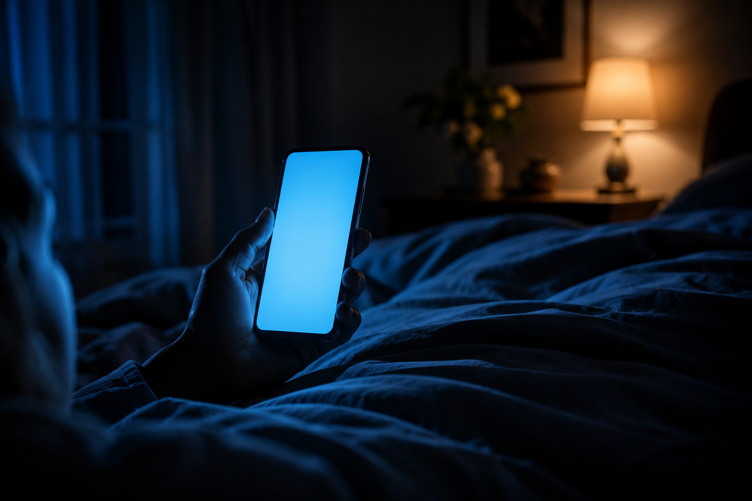 Écran de smartphone et lumière bleue dans une chambre sombre le soir
