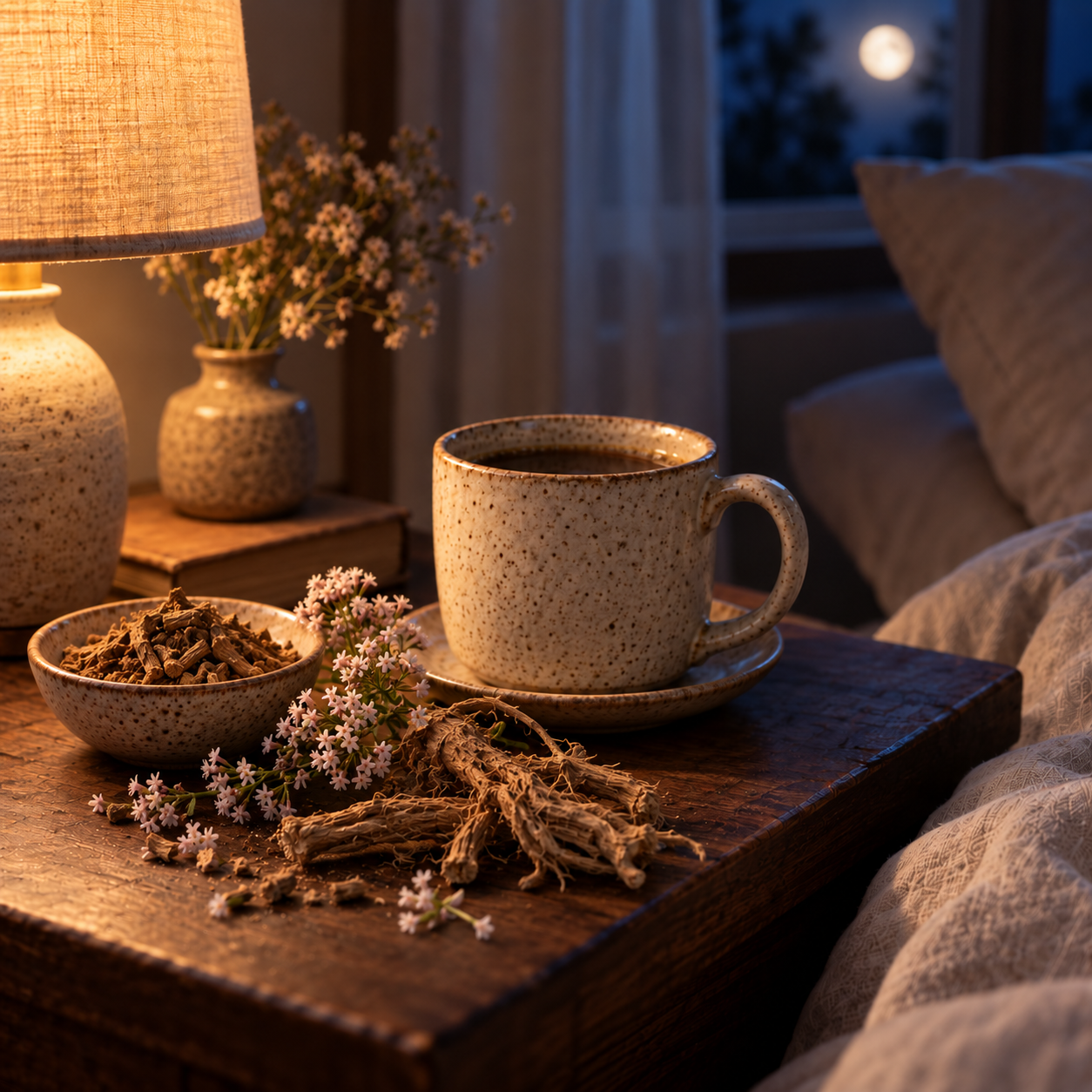 Racine de valériane officinale et fleurs séchées posées près d'une boisson du soir Better Sleep